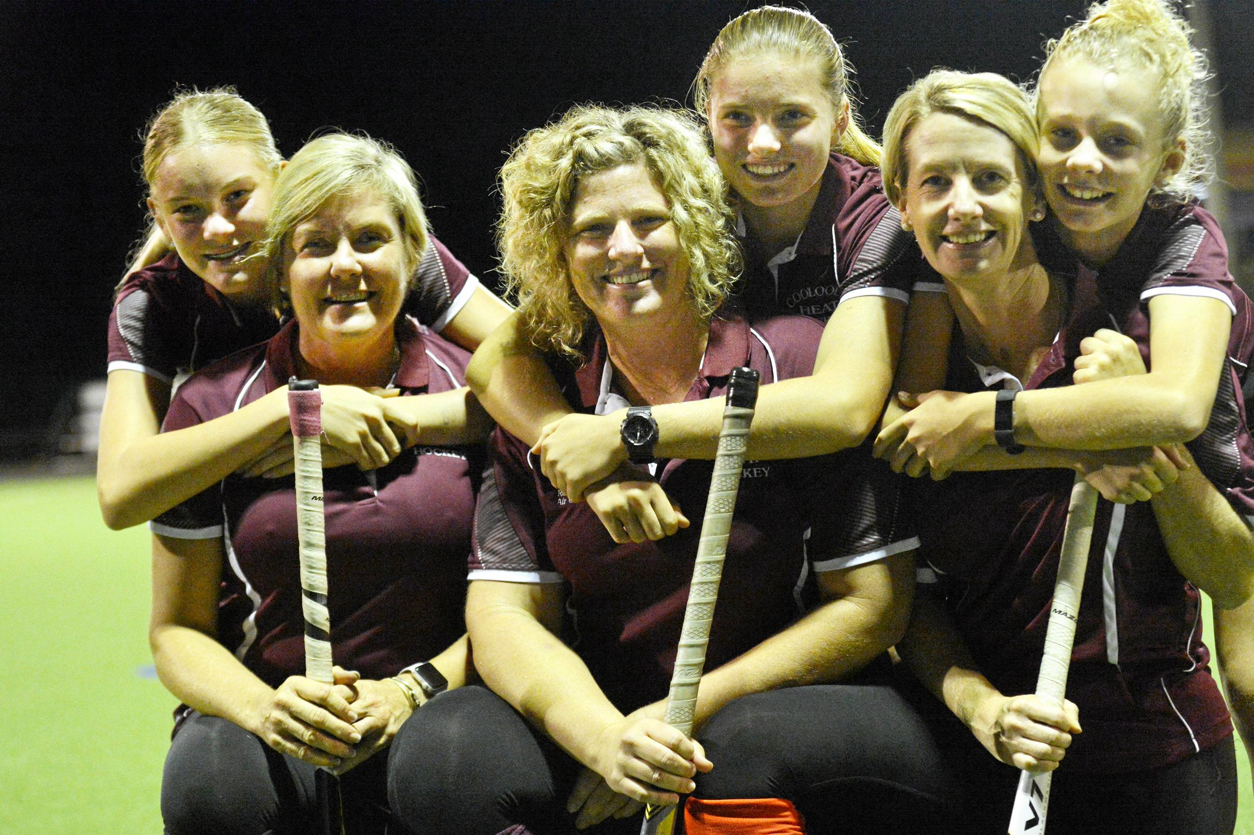 TOGETHER: Piper and Rachelle Treeby,  Hannah and Kaitlyn Collyer and Di and Grace Dixon the three mothers and daughters  taking on hockey together. Picture: Rebecca Singh