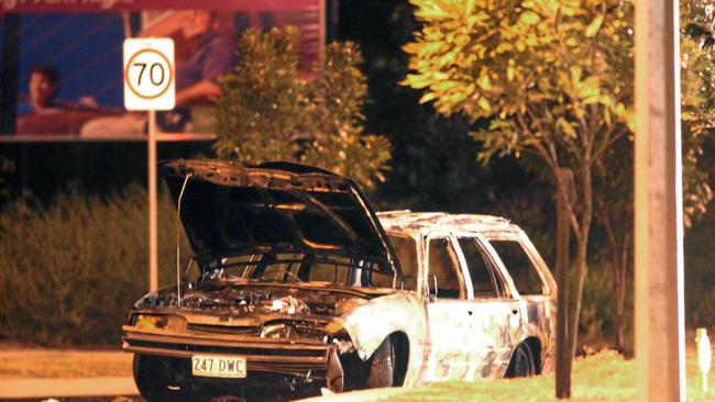 An image of the burnt out car on Springfield Parkway taken on June 10, 2004. Picture: QT File