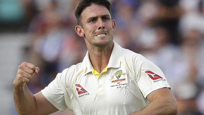 Mitchell Marsh celebrates the wicket of Sam Curran. Picture: AP