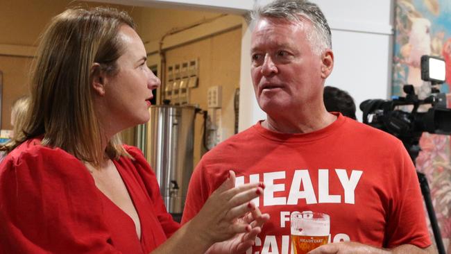 Labor Senator Nita Green and Cairns MP Michael Healy settle in the watch the vote count. Picture: Peter Carruthers