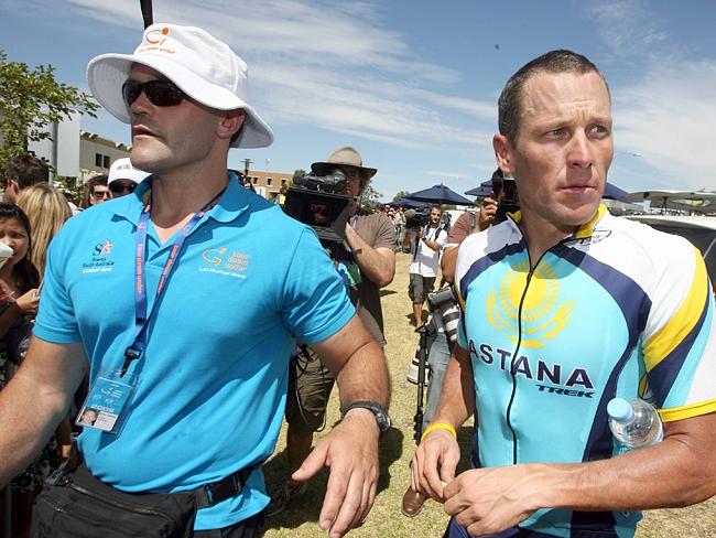 Armstrong at the end of the first stage of the Tour Down Under at Mawson Lakes in 2009. 