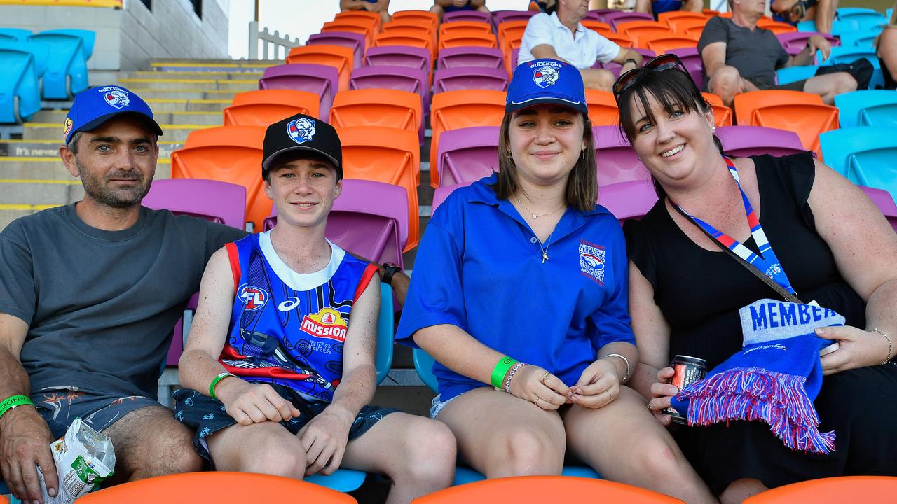 Scott Grosser, Noah Grosser, Mia Grosser and Elizabeth Grosser barracking for the Bulldogs against the Gold Coast Suns at TIO Stadium. Picture: Pema Tamang Pakhrin