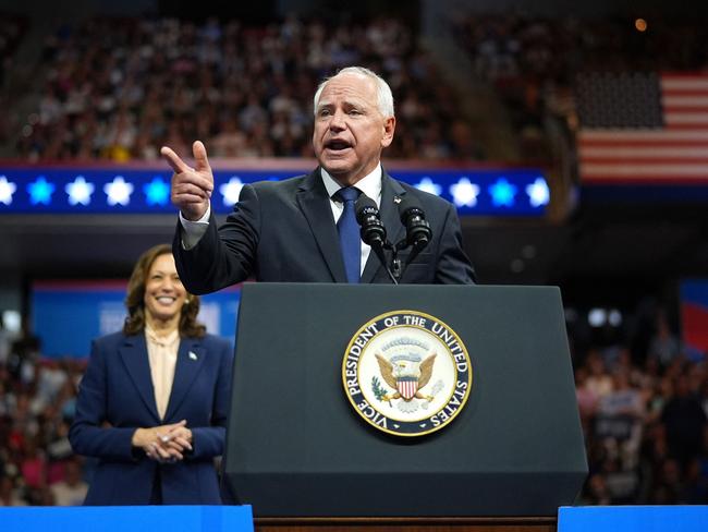 PHILADELPHIA, PENNSYLVANIA - AUGUST 6: Democratic vice presidential candidate Minnesota Gov. Tim Walz speaks during a campaign rally with Democratic presidential candidate, U.S. Vice President Kamala Harris at Girard College on August 6, 2024 in Philadelphia, Pennsylvania. Harris ended weeks of speculation about who her running mate would be, selecting the 60-year-old midwestern governor over other candidates.   Andrew Harnik/Getty Images/AFP (Photo by Andrew Harnik / GETTY IMAGES NORTH AMERICA / Getty Images via AFP)