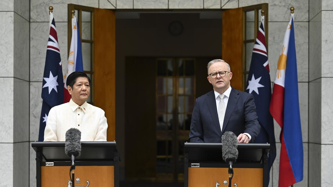 The pair delivered joint remarks in Canberra on Thursday. Picture: NCA NewsWire / Martin Ollman