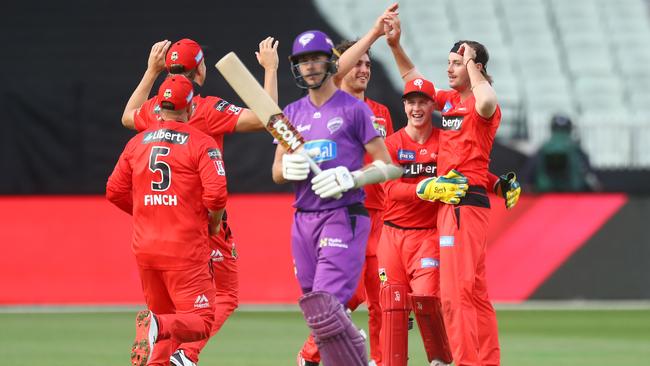 Zak Evans of the Renegades celebrates after dismissing Riley Meredith of the Hurricanes during the Big Bash League match between the Melbourne Renegades and Hobart Hurricanes at Melbourne Cricket Ground, on January 26, 2021, in Melbourne, Australia. (Photo by Mike Owen/Getty Images)