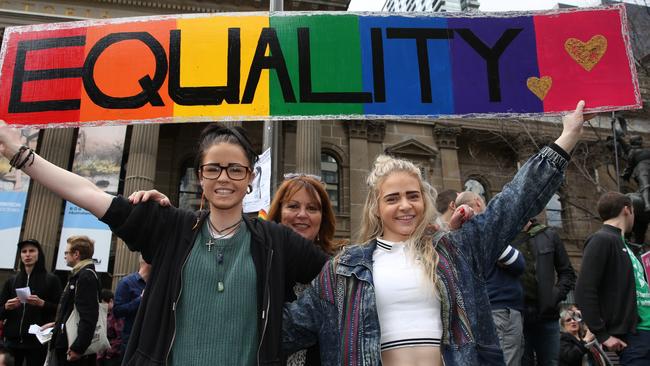 Equality rally supporting same sex marriage at the State Library. Codine and rhonda. Picture: Brendan Francis