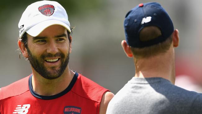 Jordan Lewis speaks to Simon Goodwin at Melbourne training. Picture: Getty Images