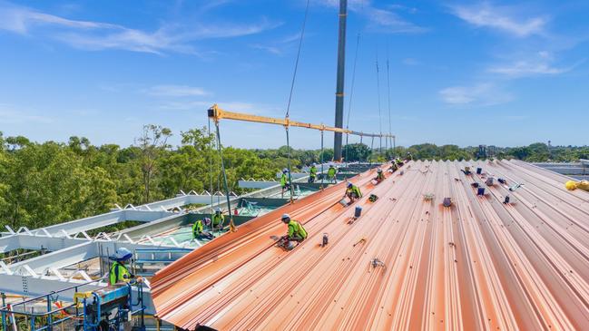 The roof was laid on the building, allowing work to continue over the Wet. Picture: Supplied