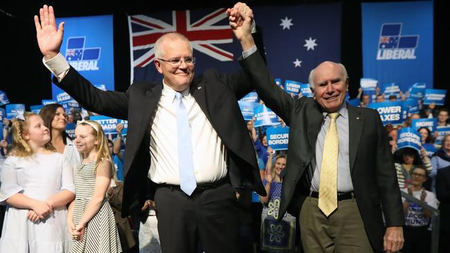 Prime Minister Scott Morrison with former PM John Howard. Picture: Gary Ramage