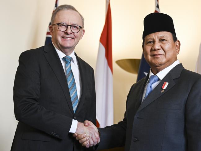 CANBERRA, Australia - NewsWire Photos - August 20, 2024:  Indonesian Defence Minister and President-elect Prabowo SubiantoÃ‚Â  is welcomed by Prime Minister Anthony Albanese at Parliament House in Canberra. Picture: NewsWire / Martin Ollman