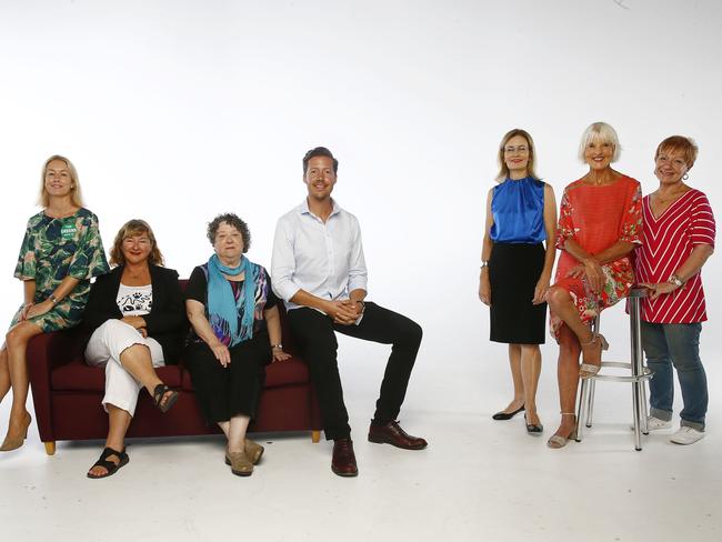 NSW election Candidates for Sydney L to R: Megan McEwin (The Greens), Deb Doyle (Animal Justice Party), Kay Dunne (Sustainable Australia party), Mark MacSmith (Keep Sydney Open party), Gabrielle Upton (Incumbent Liberal member), Lenore Kulakauskas (Labor party) and Miriam Guttman-Jones (Independent). Picture: John Appleyard