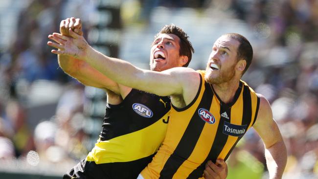 Rance and Hawk Jarryd Roughead do battle in Round 3. Pic: Michael Klein