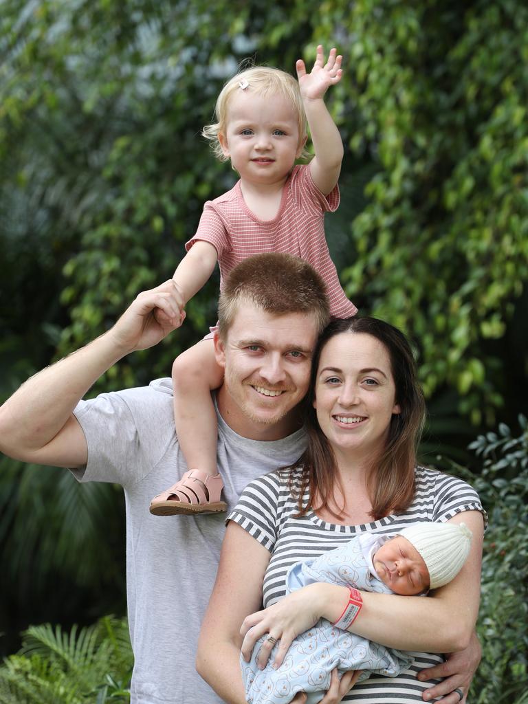 Alex and Felicity Jacques with their Eliza, 2, and newborn baby Alex. Picture: Annette Dew