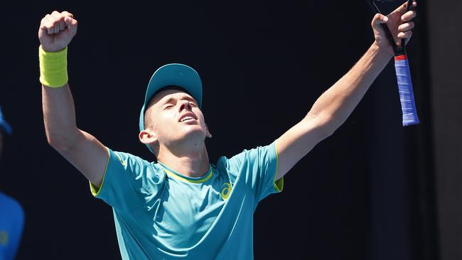 Alex de Minaur celebrates winning the Australian Open wildcard playoff. Picture: Michael Klein
