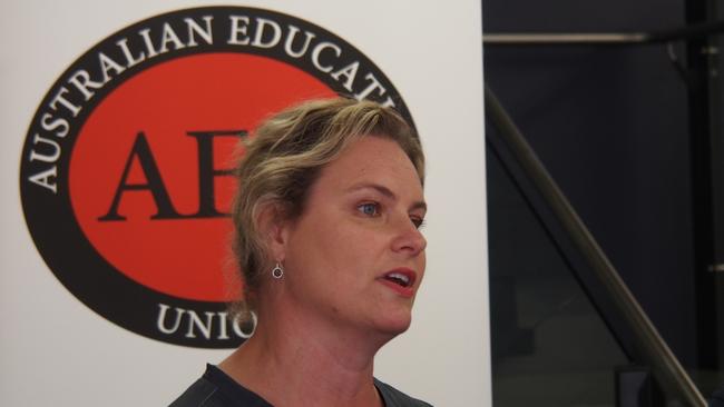 AEU state manager Roz Madsen at a press conference at AEU headquarters in Hobart late last year.