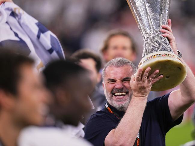 Tottenham's head coach Ange Postecoglou celebrates after winning the Europa League final. Picture: AP Photo