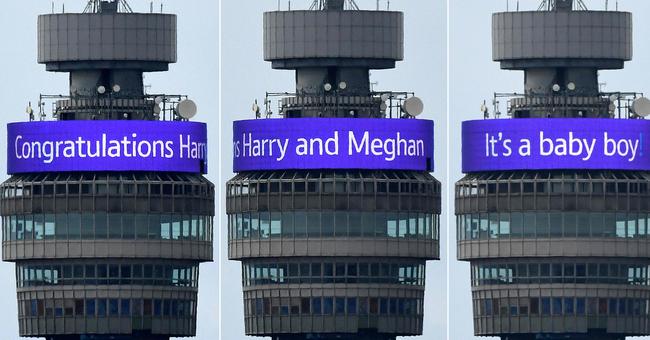 A combination of pictures shows the congratulatory banner message circling the BT Tower. Picture: Daniel SORABJI / AFP 