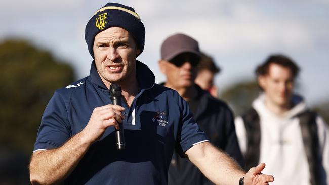 Whitefriars College head coach Kristan Height speaks after the Herald Sun Shield Senior Boys Grand Final. Picture: Daniel Pockett/AFL Photos/via Getty Images