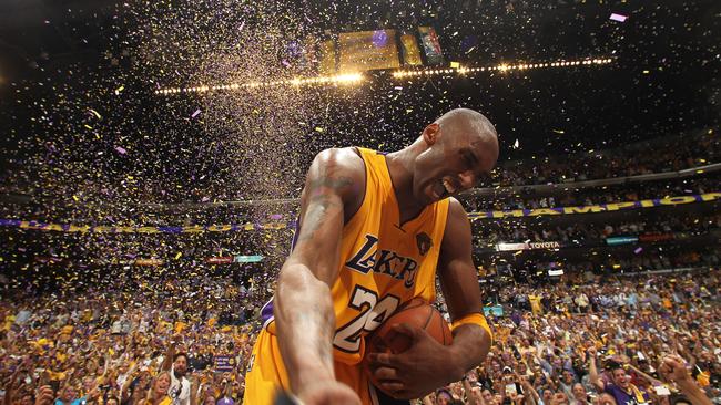 Kobe Bryant celebrates winning the NBA title in 2010. Picture: Getty