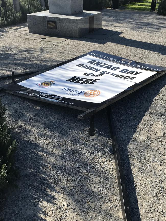 ANZAC DAY dawn service signs destroyed in Eltham. Picture: Supplied