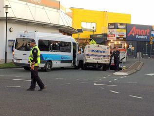 Two people in a stolen Blue Care bus have led police on a high-speed chase across Maroochydore before crashing into a police car this afternoon. Picture: Warren Lynam