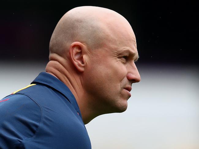 BRISBANE, AUSTRALIA - JUNE 28: Crows coach Matthew Nicks looks on during the round 4 AFL match between the Brisbane Lions and the Adelaide Crows at The Gabba on June 28, 2020 in Brisbane, Australia. (Photo by Jono Searle/AFL Photos/via Getty Images )