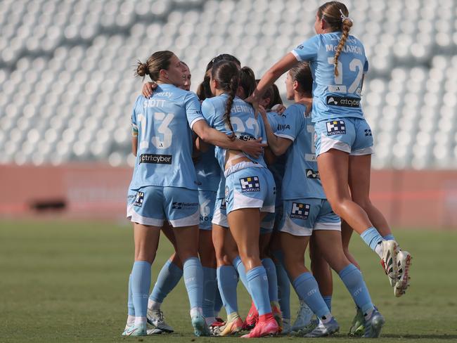 Leticia McKenna of Melbourne City celebrates a goal with teammates during the First Leg of the A-League Women's Semi Final between Central Coast Mariners. (Photo by Scott Gardiner/Getty Images)