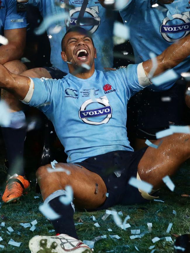 Kurtley Beale celebrates winning the Super Rugby title. Picture: Matt King/Getty