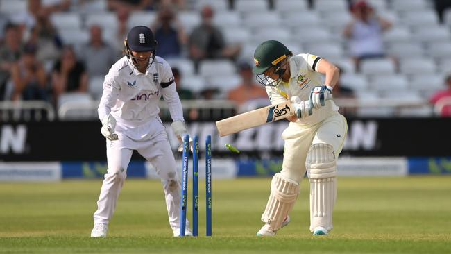 Alyssa Healy is bowled for a duck. Picture: Stu Forster/Getty Images