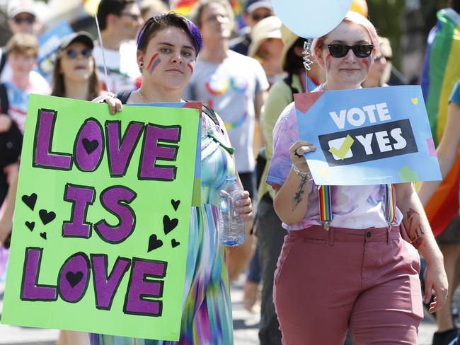 People attend the Pride Festival Rally held in Brisbane on Saturday, September 23, 2017. Thousands of people are expected to march through Brisbane as part of the annual Pride Festival Rally as the deadline for the marriage equality survey approaches. (AAP Image/Regi Varghese) NO ARCHIVING