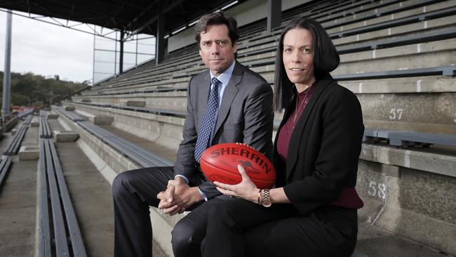 AFL CEO Gillon McLachlan and AFL Tasmania CEO Trisha Squires. Picture: RICHARD JUPE