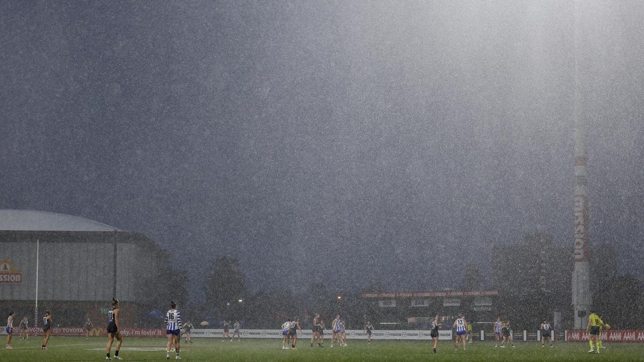 North Melbourne and Port Adelaide played in brutal conditions at a fully exposed Whitten Oval in September in a game only attended by 943 people. Picture: Daniel Pockett / Getty Images