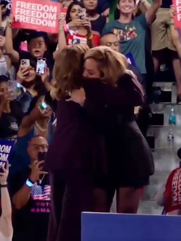 Pop icon Beyoncé hugging Kamala Harris on stage. Picture: X