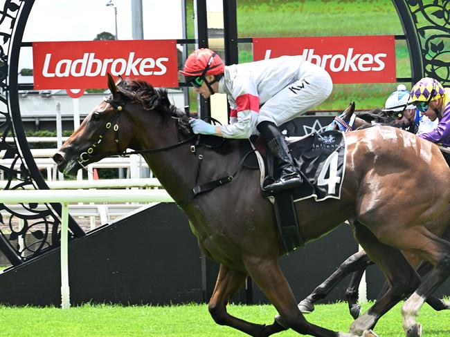 Stuart Kendrick-trained two-year-old filly Love To Torque scores at Eagle Farm and announced herself as a Queensland winter carnival contender. Picture: Grant Peters, Trackside Photography.