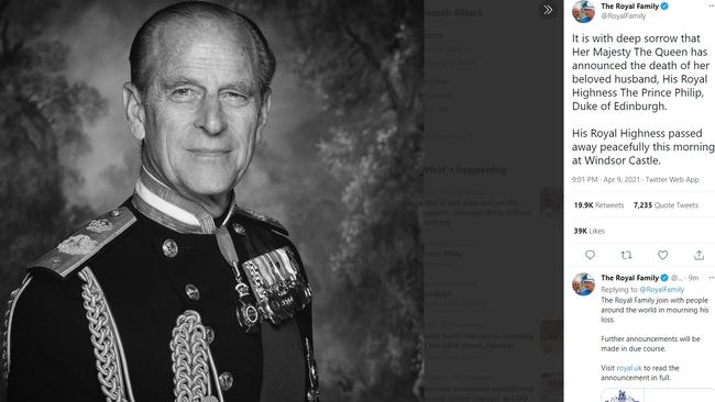 The royal family announced Prince Philip’s death via social media. Picture: Instagram