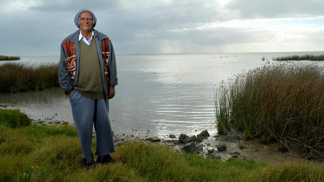 Ngarrindjeri elder Bluey Roberts on the shores of Lake Albert at Meningie. Picture: Bernard Humphreys