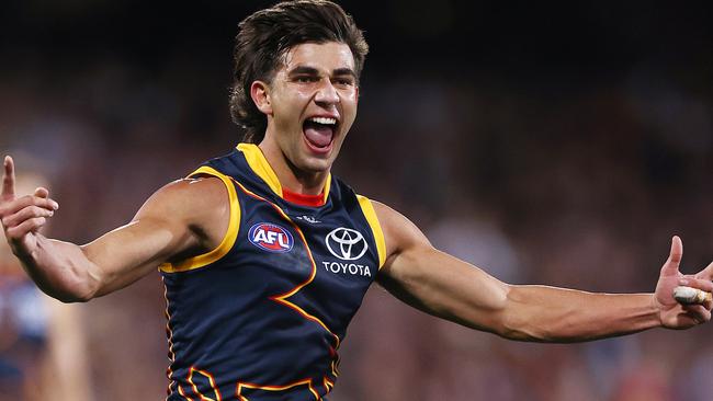 MELBOURNE . 13/04/2023.  AFL . Round 5. Gather Round. Adelaide vs Carlton at the Adelaide Oval.  Josh Rachele of the Crows celebrates a 1st quarter goal  . Pic: Michael Klein