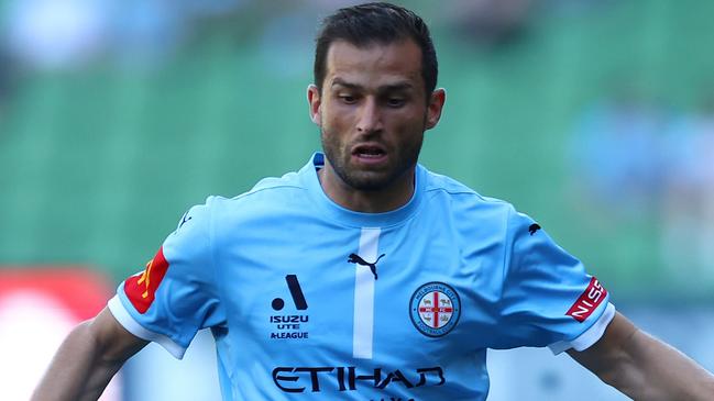 MELBOURNE, AUSTRALIA - DECEMBER 15: Andreas Kuen of Melbourne City in action during the round eight A-League Men match between Melbourne City and Auckland FC at AAMI Park on December 15, 2024 in Melbourne, Australia. (Photo by Graham Denholm/Getty Images)