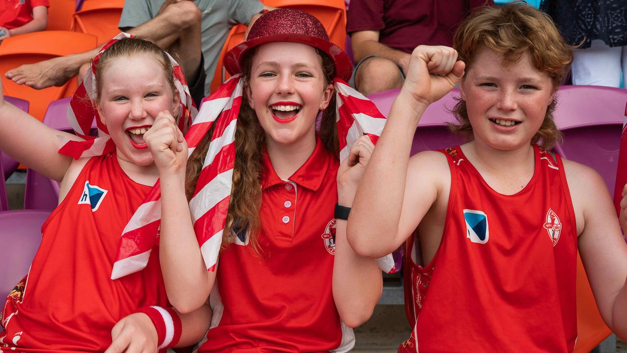 Lexi Harvey, Elouise Harvey, Braxton Harvey at the NTFL grand final. Picture PEMA TAMANG Pakhrin