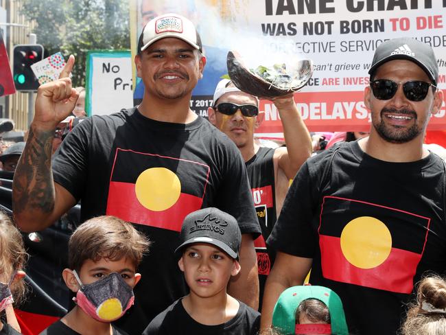 Latrell Mitchell and Cody Walker during the 2020 Invasion Day march from Hyde Park down Elizabeth St, Sydney. The Extinction Rebellion Sydney and Extinction Rebellion Bondi Beach attend in solidarity with the First Nations people. Picture: Jonathan Ng