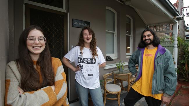 Sofia Charalambous (left) with housemates Rhiannon Watson and Johann Suhood at their discounted rental in Marrickville.