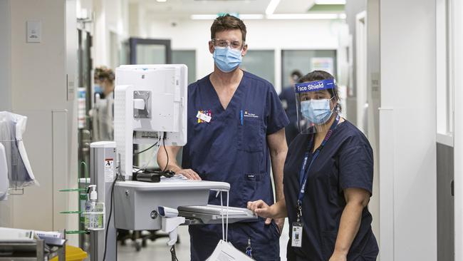 Clinical nurse manager Dan Hadley and acting deputy director and Intensive care specialist Yasmine Ali Abdelhamid at Royal Melbourne on Wednesday. Picture: Aaron Francis