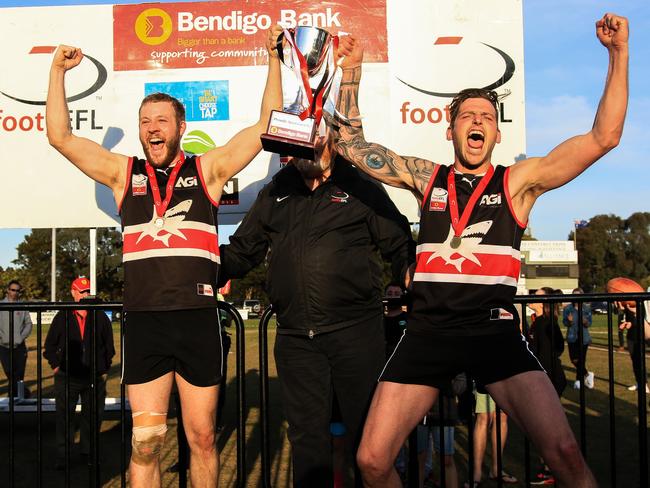 Tom Feher and Jarrod Bayliss celebrate 2017 premiership. Picture: Davis Harrigan