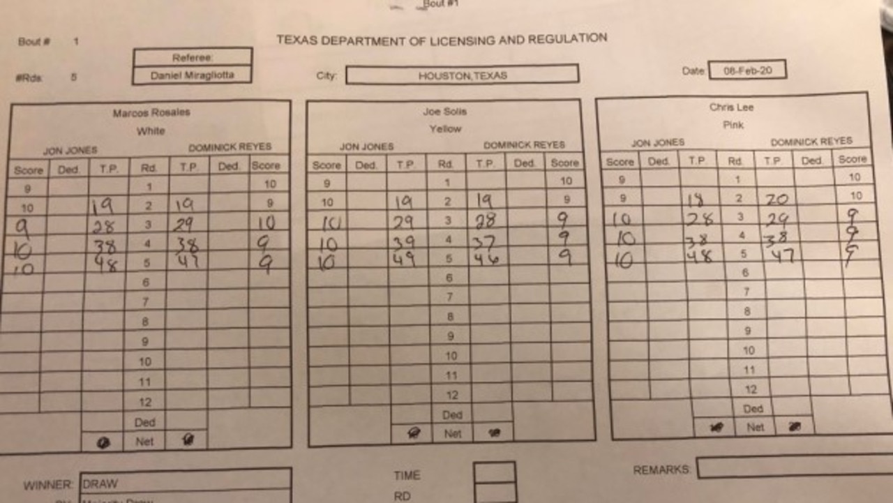 The scorecard for Jones vs Reyes.