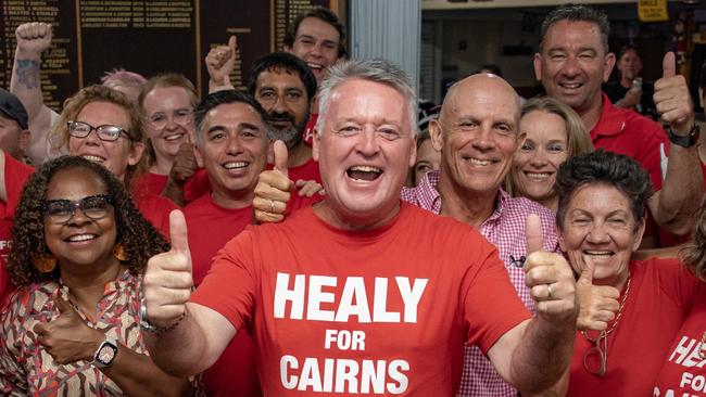 QLDVOTES24 Labour Party Member for Cairns and Tourism Minister the 2024 State Election  Michael Healy  celebrates with supporters including other winner  Cynthia Lui  (left of Michael at his election party at the West Cairns Bowls Club in Cairns  Queensland. Picture: Brian Cassey - ÃÂ©pic by Brian CasseyImages by Brian Cassey