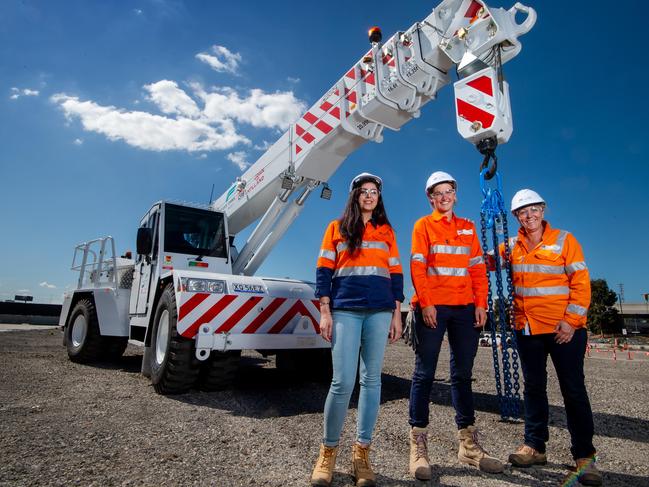 West Gate Tunnel workers Faranak Ghobadifar, Jayeden Quin, and Jo Bradshaw. Picture: Jay Town