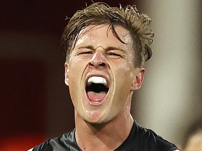 AFL Round 16. 08/09/2020... Carlton vs Sydney Swans at Metricon Stadium, Gold Coast.    Jack Newnes of the Blues celebrates his goal in the third quarter   . Pic: Michael Klein