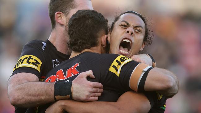 NEWCASTLE, AUSTRALIA - JUNE 12: Nathan Cleary of the Panthers celebrates his try with Jarome Luai of the Panthers during the round 14 NRL match between the Newcastle Knights and the Penrith Panthers at McDonald Jones Stadium, on June 12, 2022, in Newcastle, Australia. (Photo by Ashley Feder/Getty Images) *** BESTPIX ***