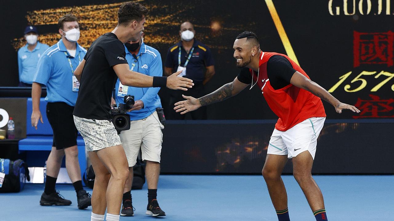 Kyrgios and Kokkinakis celebrate after a stunning victory. (Photo by Darrian Traynor/Getty Images)