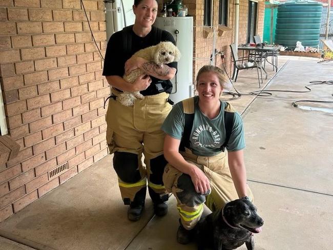 Port Augusta CFS members Lisa Kruger and Kelsey Ellis, with rescued dogs Bella and Lacey. Picture: CFS.